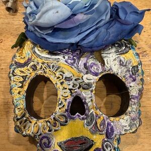 Colorful Skull Art with double fired art Blue Floral Accent